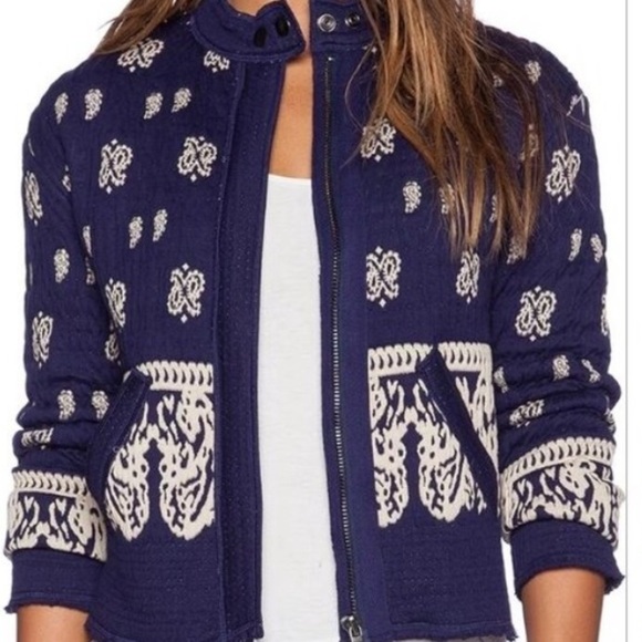 Free People Blue Riveira Pattern Quilted Kantha Stitch Boho Jacket. Size 6 - Picture 3 of 7